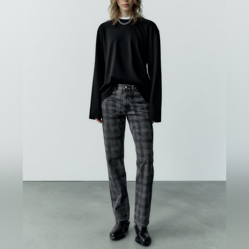 ZARA TRF PRINTED MID WAIST STRAIGHT CUT JEANS